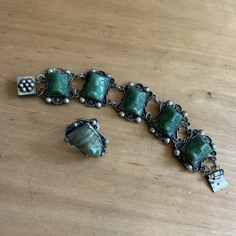 Vintage Antique 50s Silver Tone Metal Mayan Green Onyx Bracelet And Ring Set